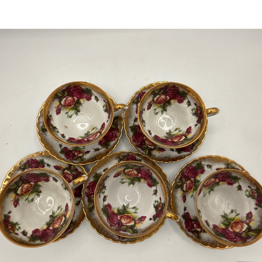 Vintage Royal Sealy China Red Cabbage Rose Teacup & 5 Saucer Set